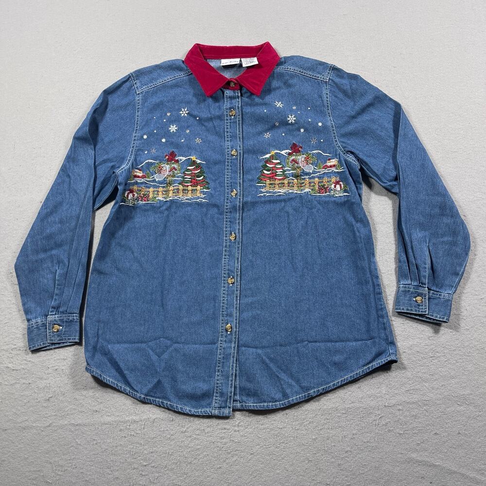 Bobbie Brooks Shirt Women L Denim Button Front Holiday Embroidered Snowman Xmas